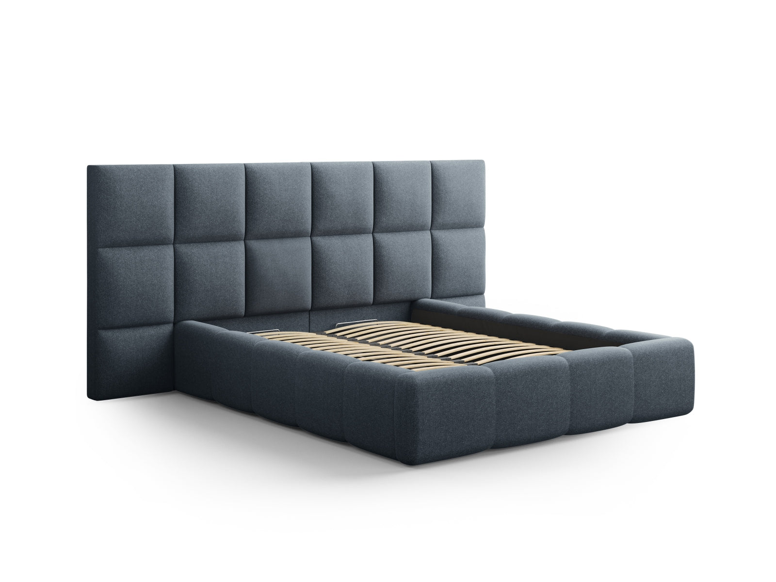 Elegantes Livigno Bett mit praktischem Stauraum und doppeltem Kopfteil in Dunkelblau, ideal für stilvolle Schlafzimmer.