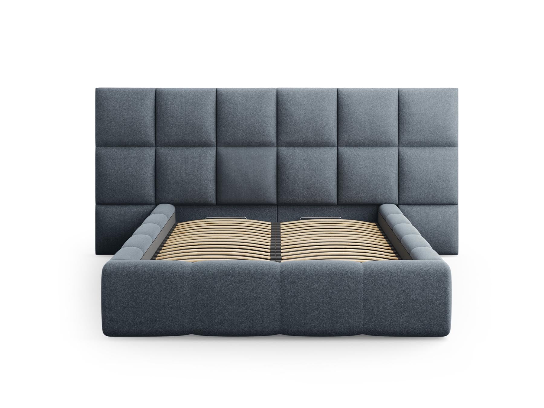 Modernes Livigno Bett mit doppeltem Kopfteil und integriertem Stauraum in Dunkelblau, perfekt für funktionale und stilvolle Schlafräume.
