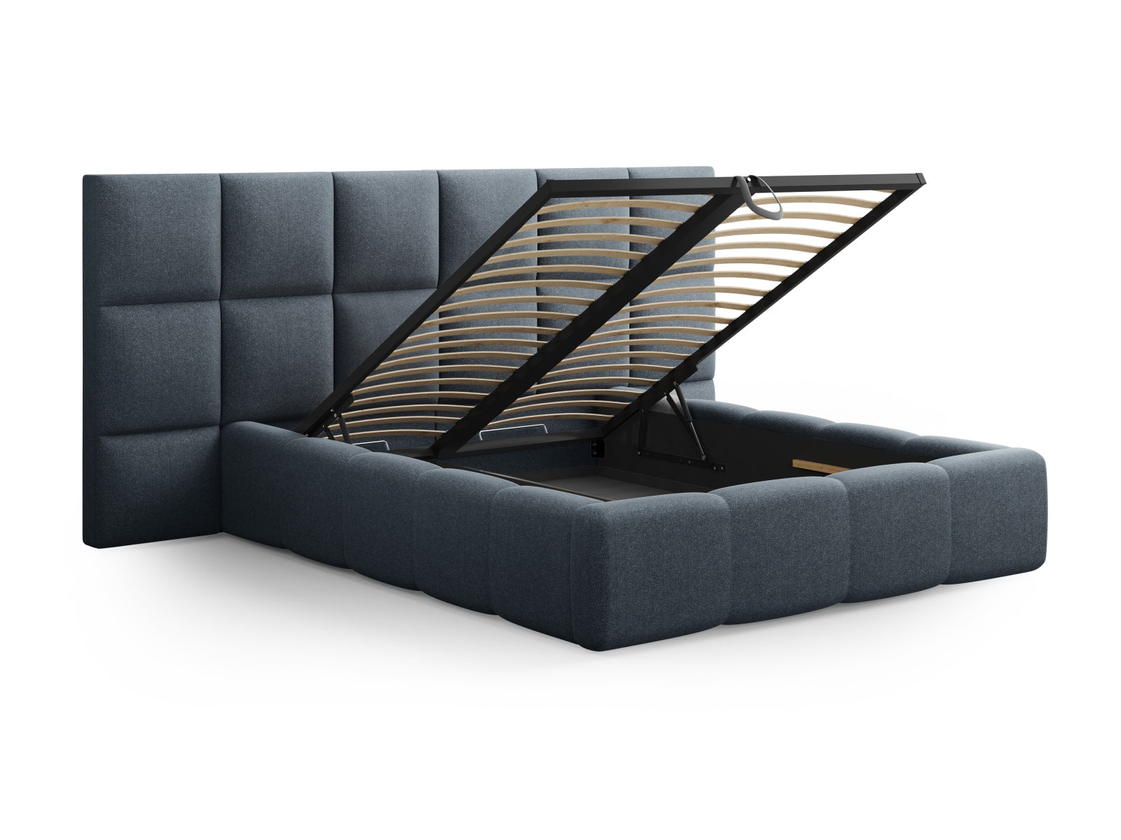 Elegantes Livigno Bett in Dunkelblau mit praktischem Stauraum und doppeltem Kopfteil, ideal für stilvolle Schlafzimmerlösungen.