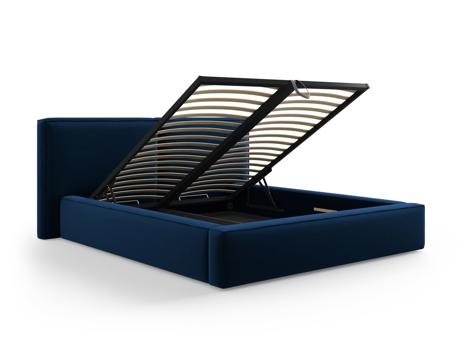 Stilvolles Arendal Velour Bett in Royal Blue mit praktischem Stauraum und doppeltem Kopfteil für höchsten Schlafgenuss.