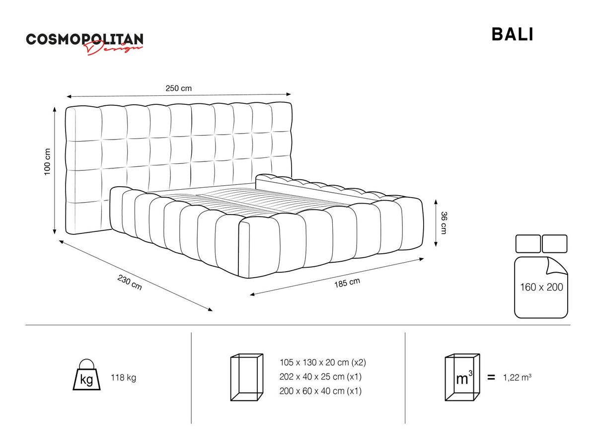 Bali Bett mit gepolstertem Doppelkopfteil, Bluvel-Bezug und schwarzen Kunststoffbeinen