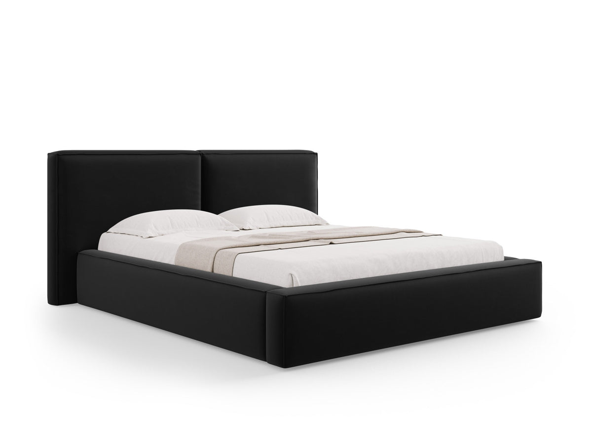 Bettgestell Arendal von Cosmopolitan Design mit samtbezogenem doppeltem Kopfteil, Metallrahmen und Stauraumbox, Farbe Light Beige-Casino, 180 x 200 cm.
