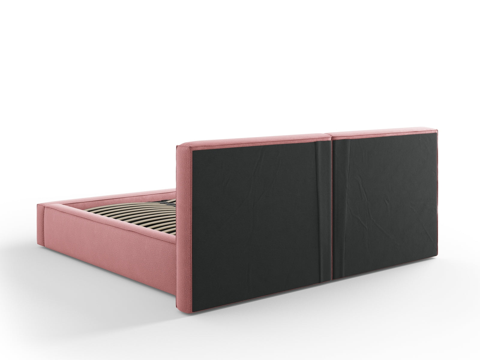 Elegantes Arendal Velour Bett in zartem Rosa, bietet cleveren Stauraum und ein luxuriöses doppeltes Kopfteil für optimalen Schlafkomfort.