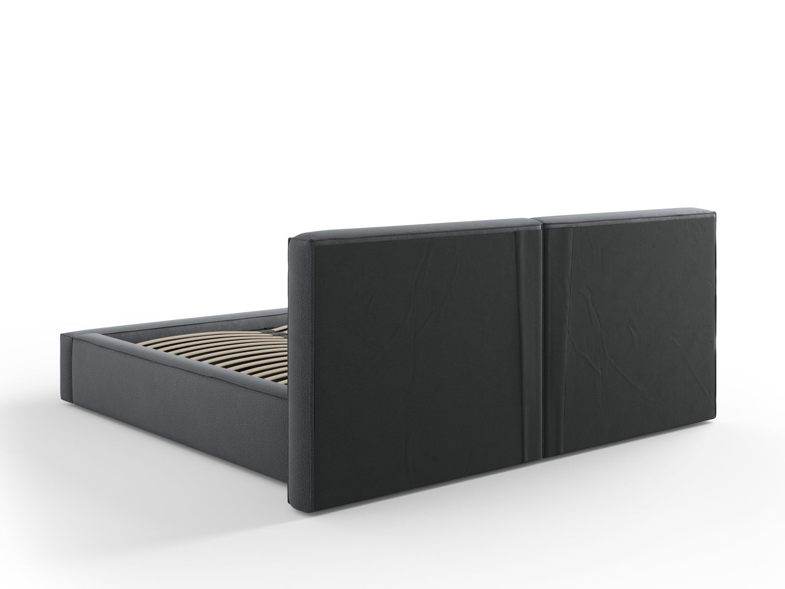 Elegantes Arendal Velour Bett in stilvollem Dunkelgrau, bietet praktischen Stauraum und ein komfortables doppeltes Kopfteil.