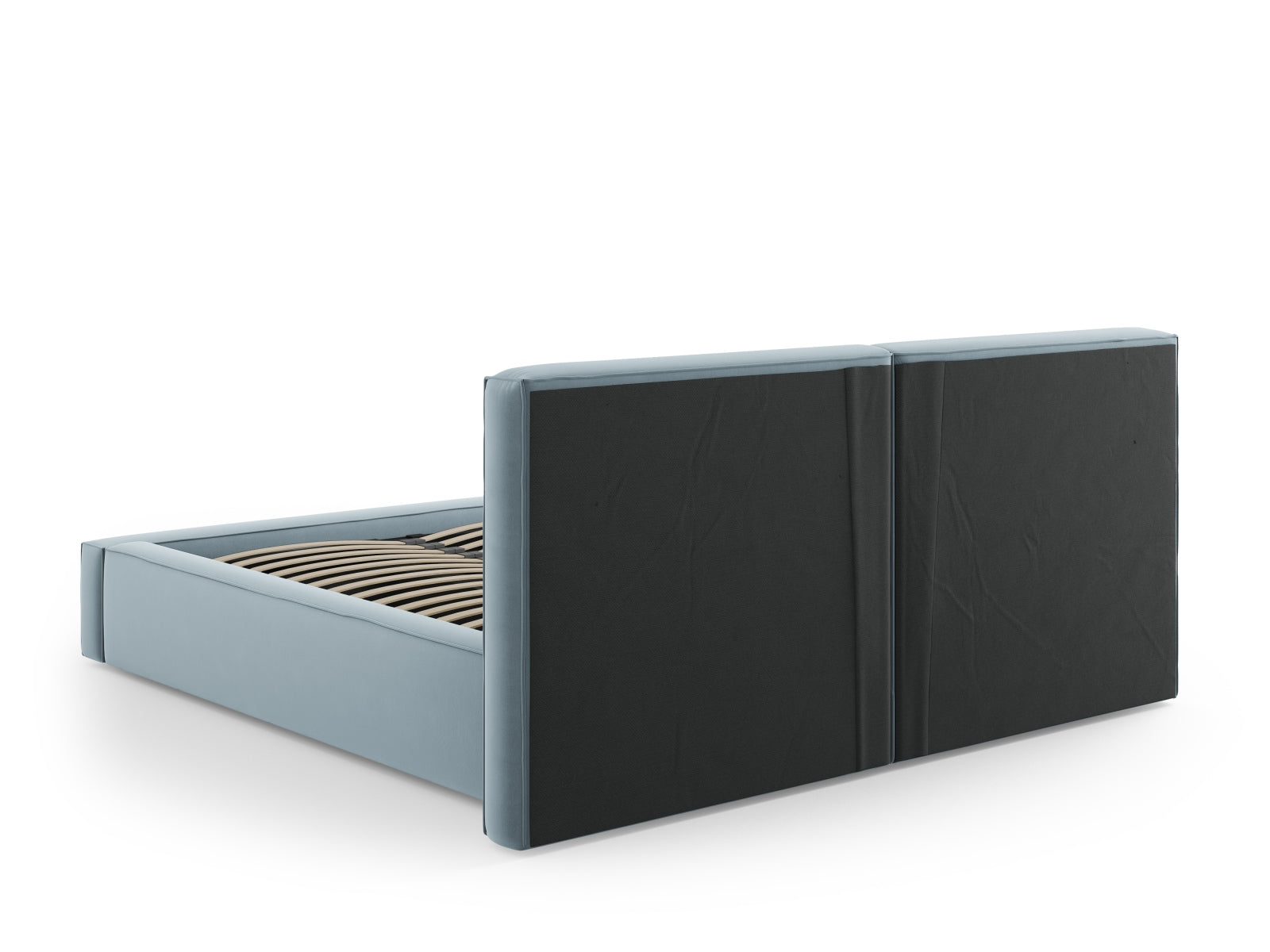 Elegantes Arendal Velour Bett in sanftem Hellblau, bietet großzügigen Stauraum und ein luxuriöses doppeltes Kopfteil für optimalen Komfort.