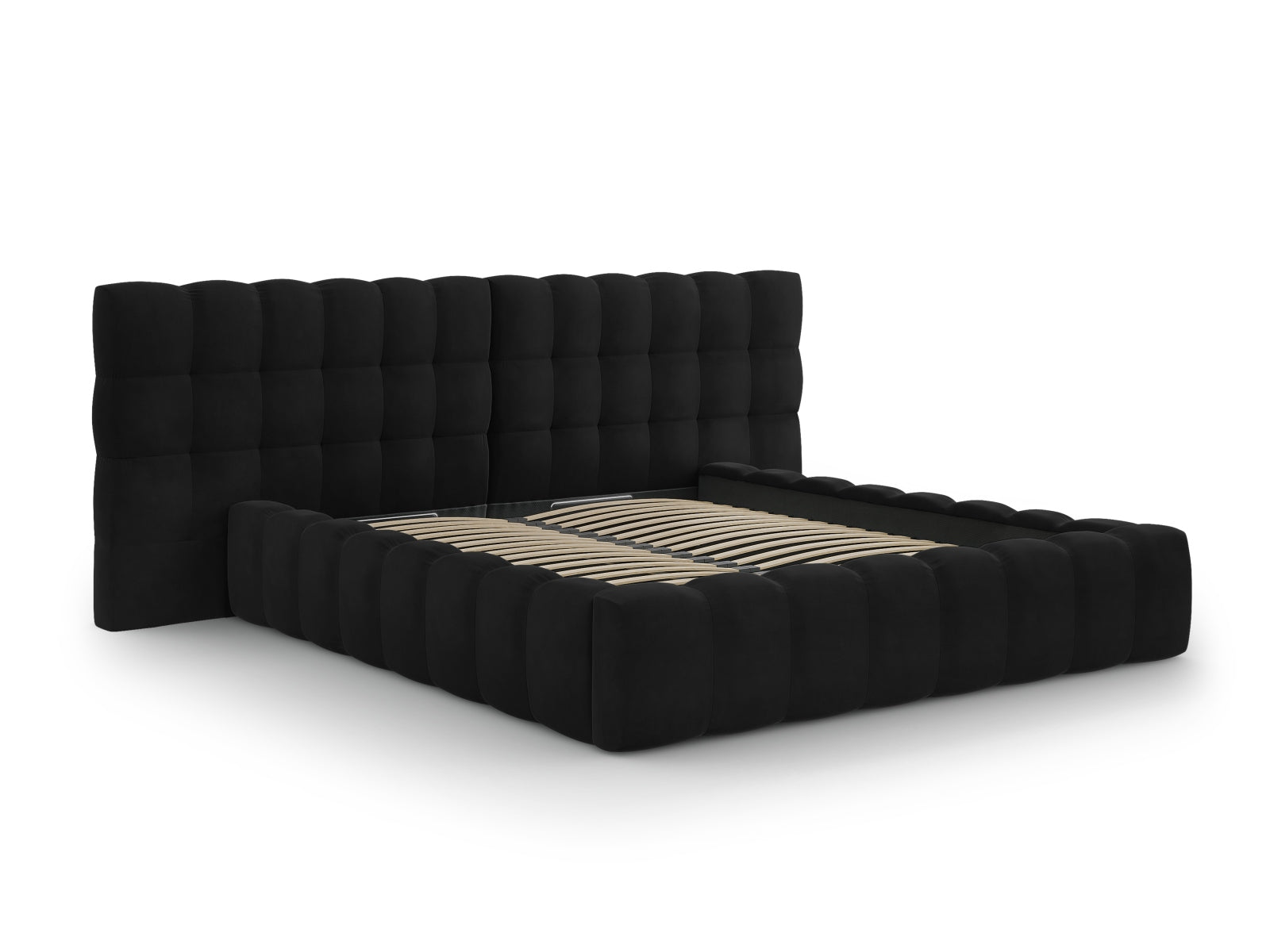Elegantes Bali Bett mit praktischem Stauraum und doppeltem Kopfteil in stilvollem Black-Bluvel, ideal für moderne Schlafzimmer.