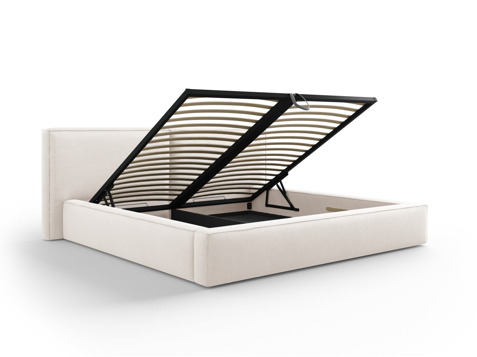 Luxuriöses Arendal Velour Bett in sanftem Beige, ausgestattet mit cleverem Stauraum und einem doppelten Kopfteil für zusätzlichen Komfort.