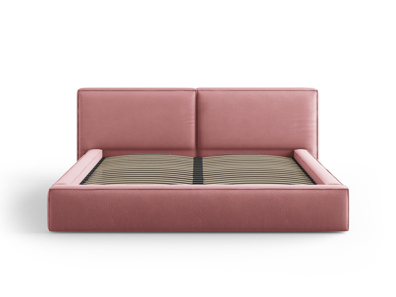 Elegantes Arendal Velour Bett in Pink mit praktischem Stauraum und doppeltem Kopfteil, ideal für stilvolle Schlafzimmer.