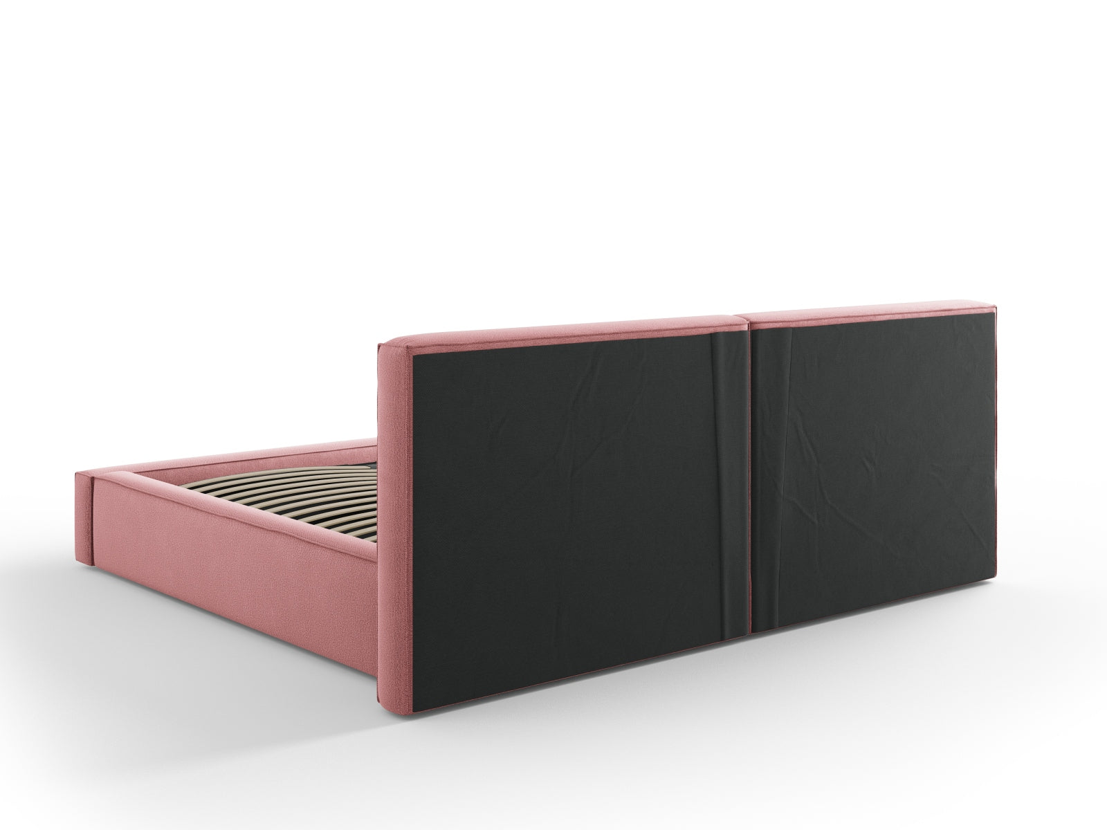 Elegantes Arendal Velour Bett in zartem Rosa, bietet praktischen Stauraum und ein stilvolles doppeltes Kopfteil für maximalen Komfort.