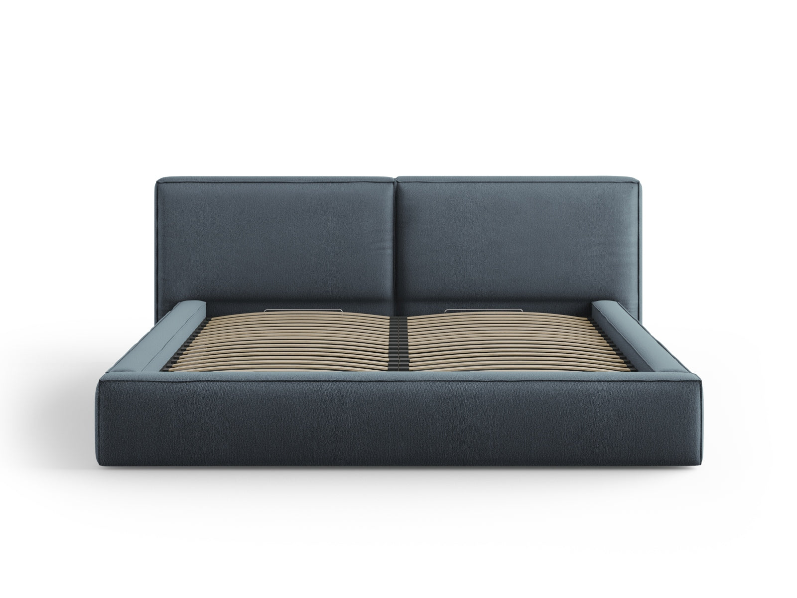 Elegantes Arendal Velour Bett in Blau mit praktischem Stauraum und doppeltem Kopfteil, ideal für stilvolle Schlafzimmer.
