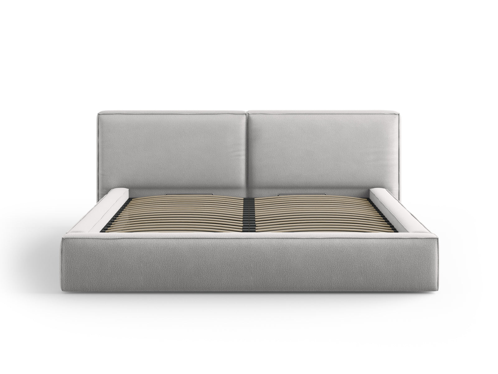 Elegantes Arendal Velour Bett in Light Grey mit praktischem Stauraum und doppeltem Headboard, ideal für stilvolle Schlafzimmer.