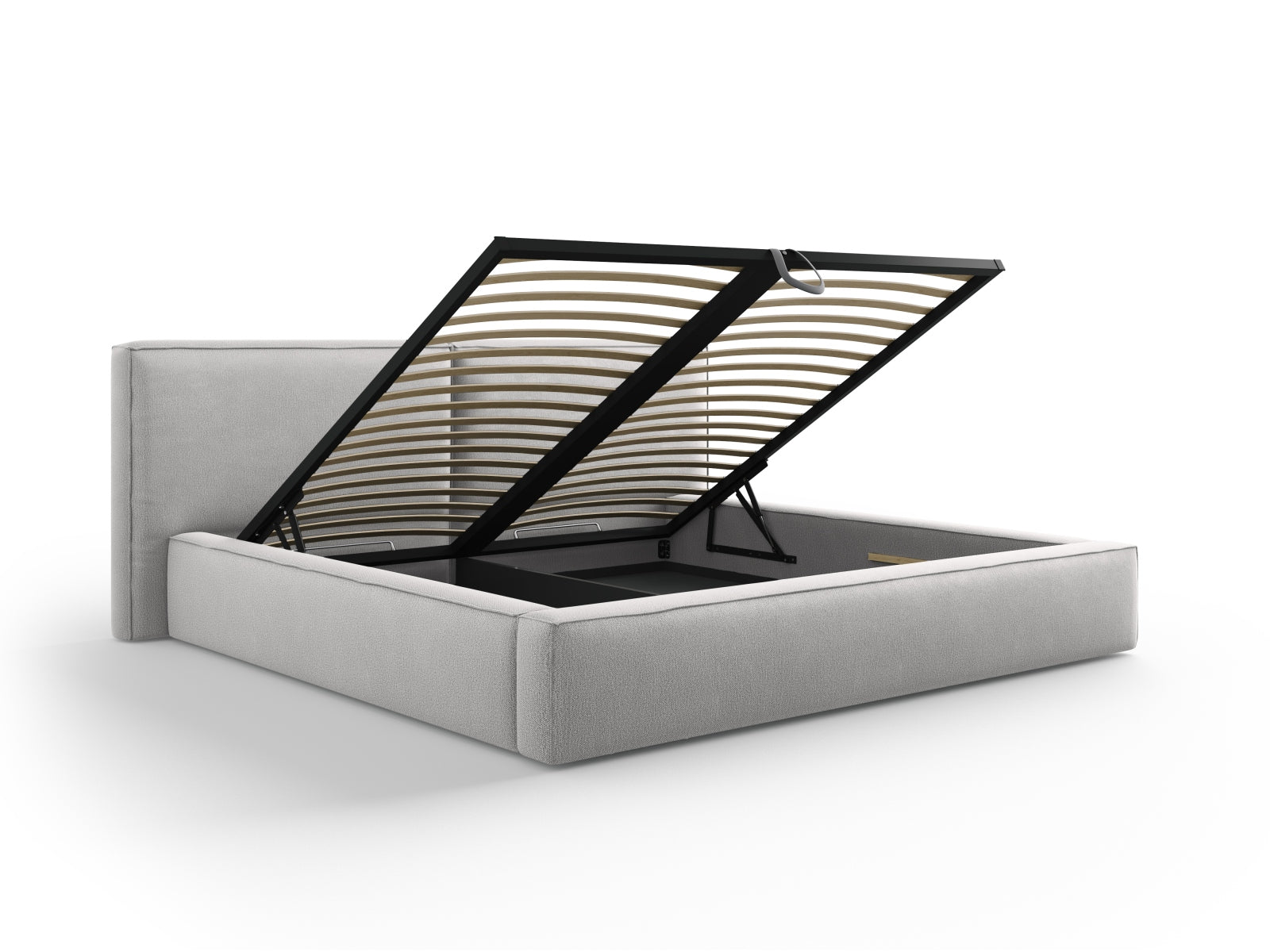 Stilvolles Arendal Velour Bett in hellem Grau, ausgestattet mit praktischem Stauraum und einem doppelten Kopfteil für modernen Komfort.