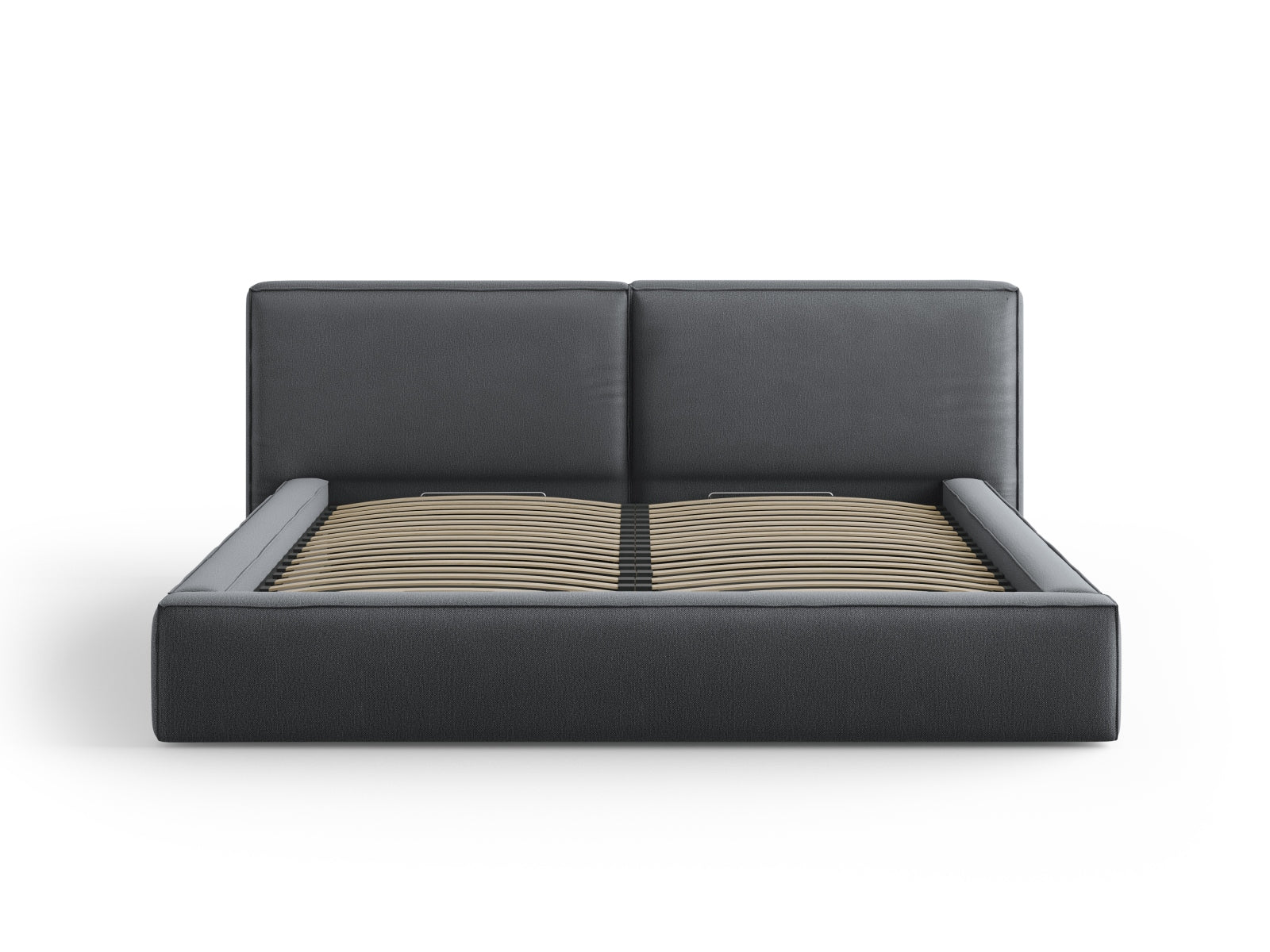 Elegantes Arendal Velour Bett in Dunkelgrau mit praktischem Stauraum und doppeltem Kopfteil, ideal für stilvolle Schlafzimmer.