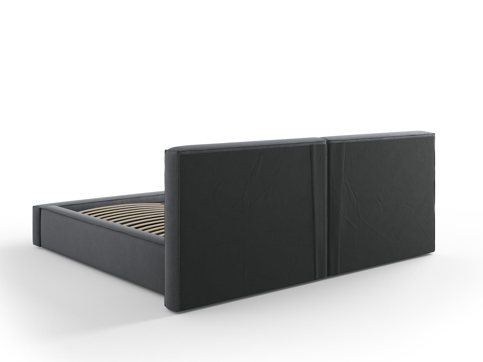 Elegantes Arendal Velour Bett in edlem Dunkelgrau, bietet cleveren Stauraum und ein luxuriöses, doppeltes Kopfteil für höchsten Schlafkomfort.