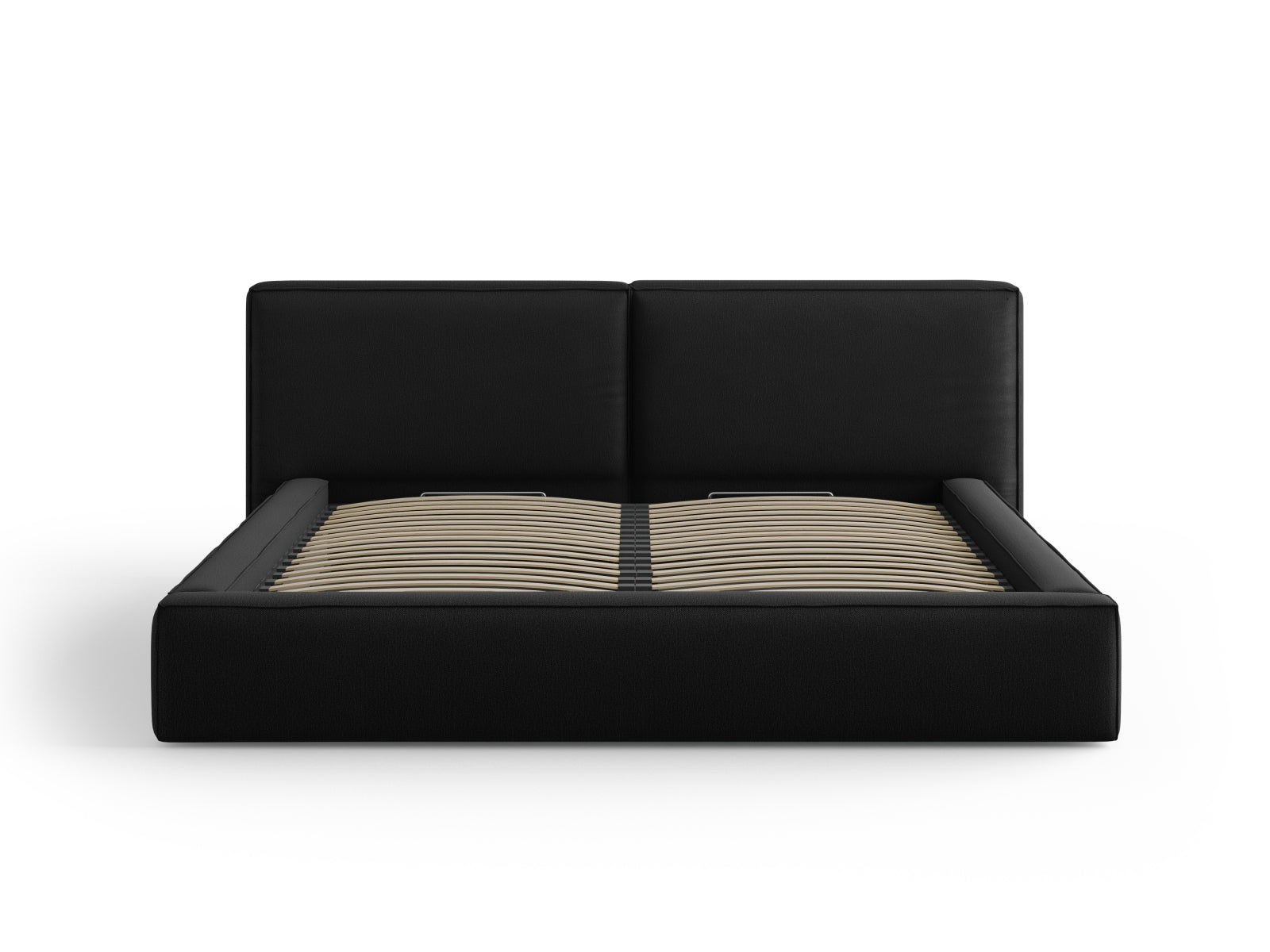 Elegantes Arendal Velour Bett in Schwarz mit praktischem Stauraum und doppeltem Kopfteil, ideal für stilvolle Schlafzimmer.