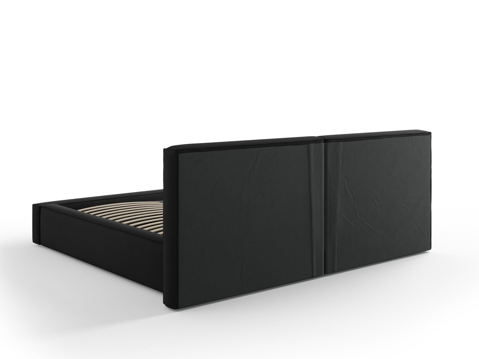 Elegantes Arendal Velour Bett in Schwarz mit doppeltem Kopfteil und praktischem Stauraum, ideal für stilvolle Schlafzimmer.