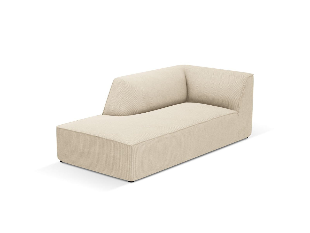 Chaiselongue Siena links, 1-Sitzer 181cm, Cordstoff Scala in Light Beige, Massivholzrahmen, schwarze Kunststoffbeine, niedrige Rückenlehne.