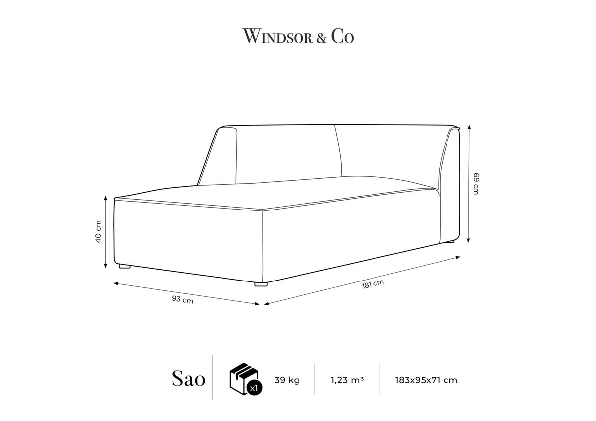 Chaiselongue Siena links, 1-Sitzer 181cm, Cordstoff Scala in Light Beige, Massivholzrahmen, schwarze Kunststoffbeine, niedrige Rückenlehne.