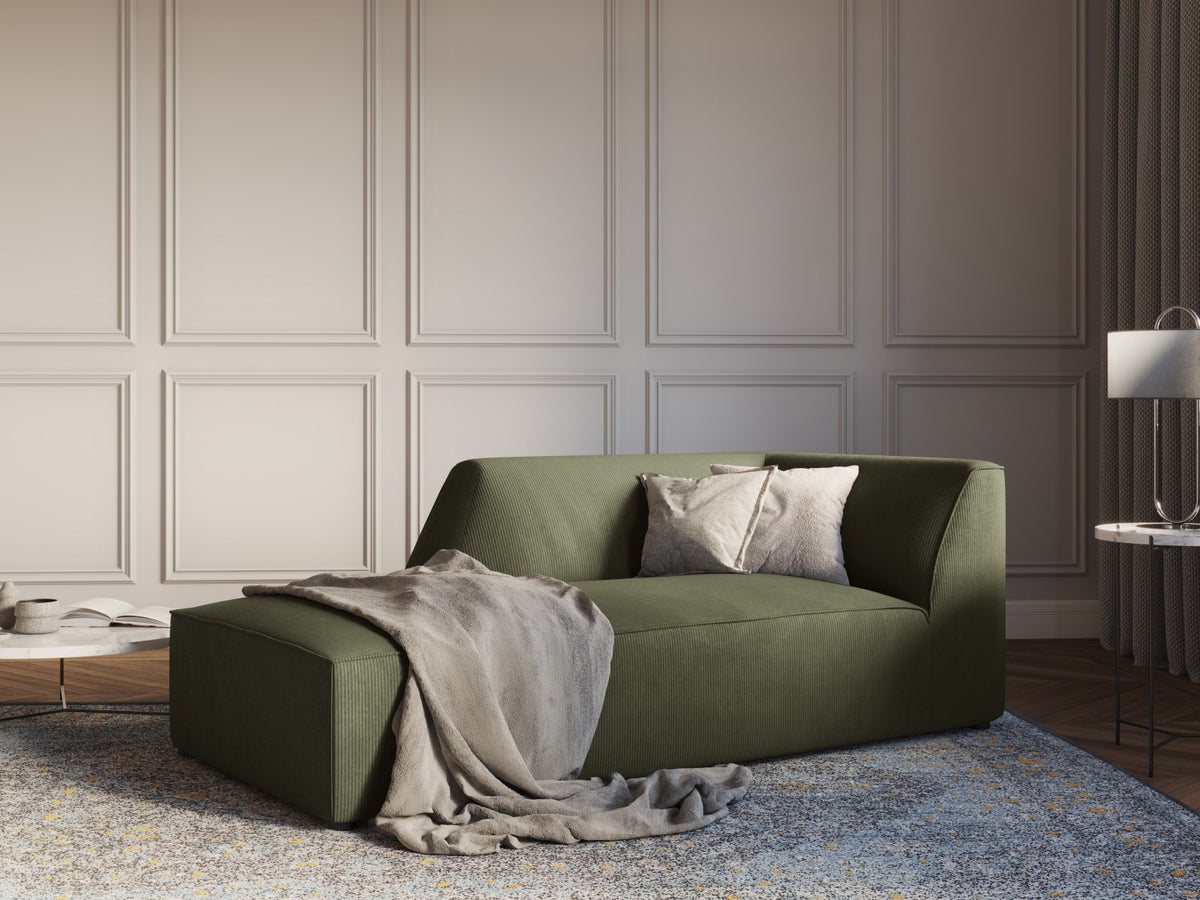 Chaiselongue Siena links, 1-Sitzer 181cm, Cordstoff Scala in Light Beige, Massivholzrahmen, schwarze Kunststoffbeine, niedrige Rückenlehne.