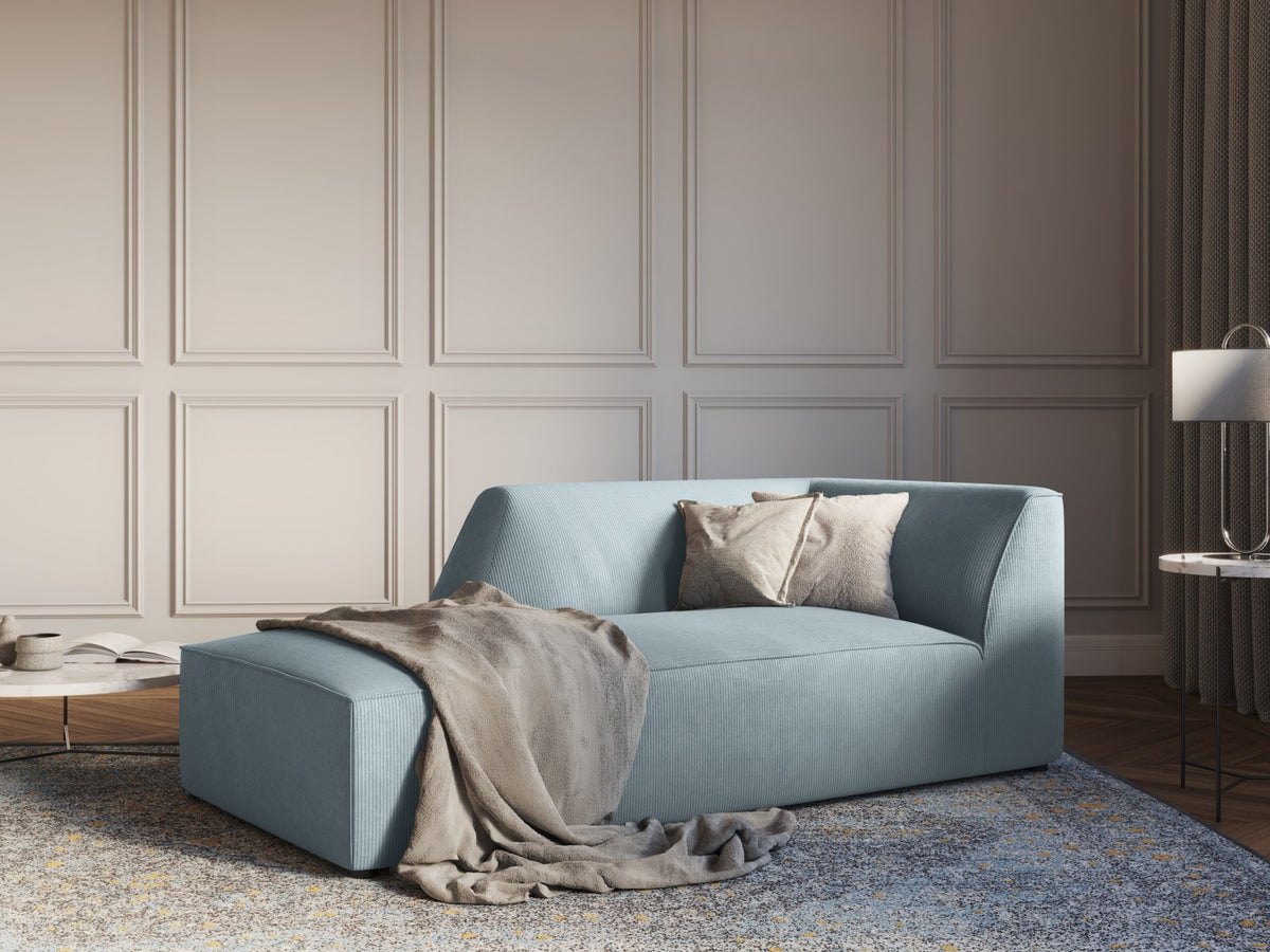 Chaiselongue Siena links, 1-Sitzer 181cm, Cordstoff Scala in Light Beige, Massivholzrahmen, schwarze Kunststoffbeine, niedrige Rückenlehne.
