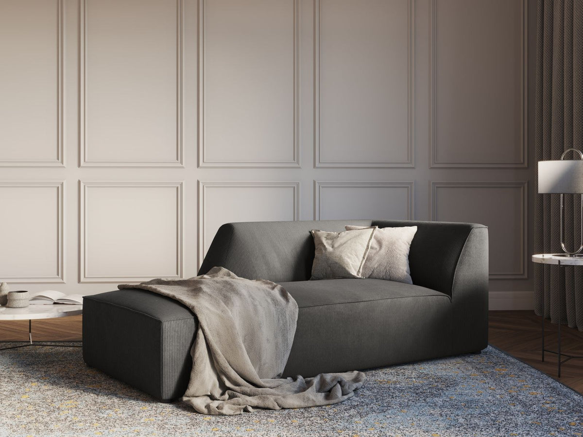 Chaiselongue Siena links, 1-Sitzer 181cm, Cordstoff Scala in Light Beige, Massivholzrahmen, schwarze Kunststoffbeine, niedrige Rückenlehne.