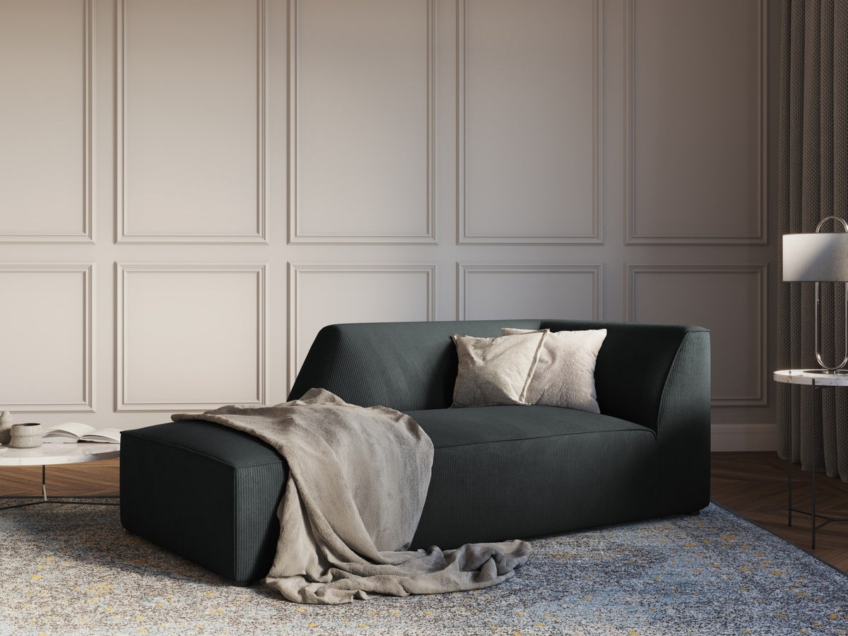 Chaiselongue Siena links, 1-Sitzer 181cm, Cordstoff Scala in Light Beige, Massivholzrahmen, schwarze Kunststoffbeine, niedrige Rückenlehne.