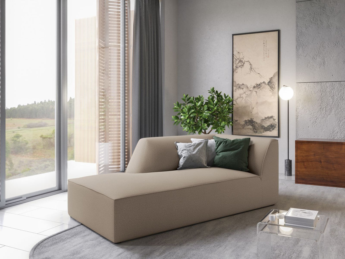 Chaiselongue Siena links, 1-Sitzer 181cm, Cordstoff Scala in Light Beige, Massivholzrahmen, schwarze Kunststoffbeine, niedrige Rückenlehne.