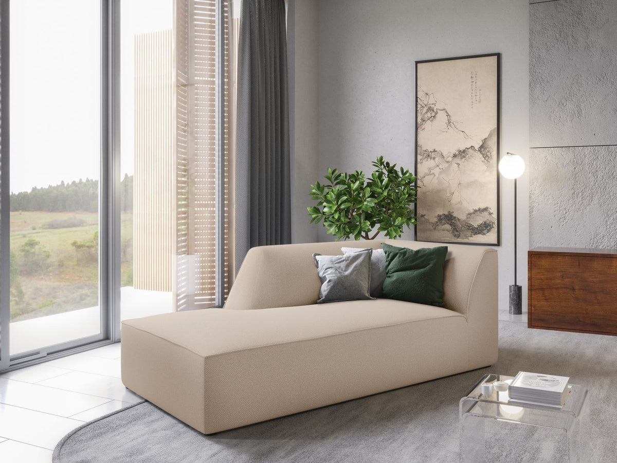 Chaiselongue Siena links, 1-Sitzer 181cm, Cordstoff Scala in Light Beige, Massivholzrahmen, schwarze Kunststoffbeine, niedrige Rückenlehne.