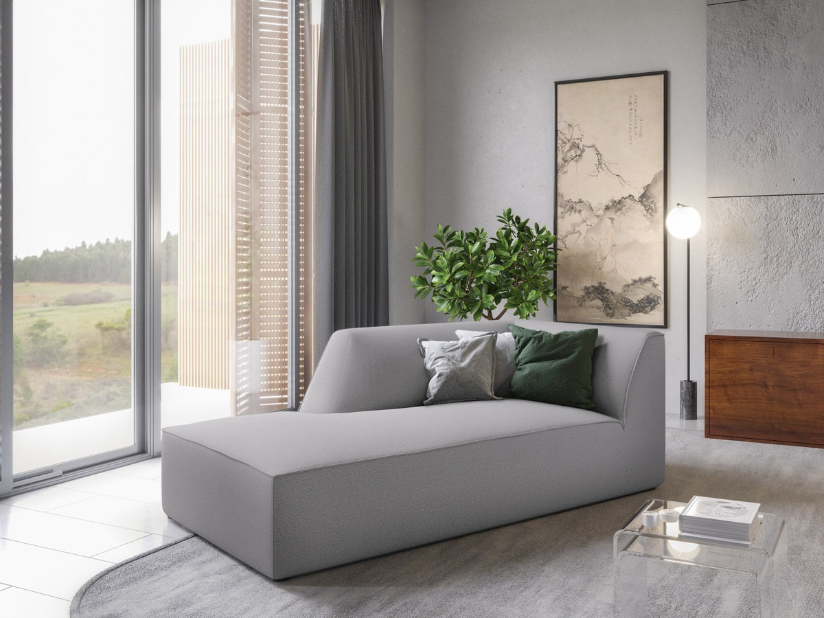 Chaiselongue Siena links, 1-Sitzer 181cm, Cordstoff Scala in Light Beige, Massivholzrahmen, schwarze Kunststoffbeine, niedrige Rückenlehne.
