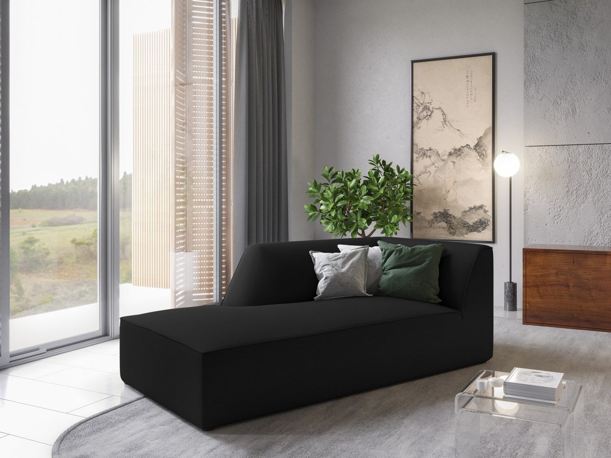 Chaiselongue Siena links, 1-Sitzer 181cm, Cordstoff Scala in Light Beige, Massivholzrahmen, schwarze Kunststoffbeine, niedrige Rückenlehne.
