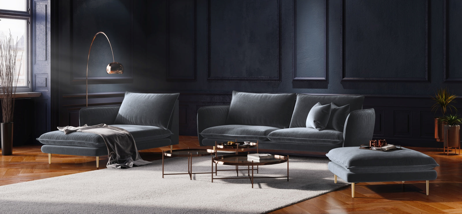 Elegantes Vienna Velour Sofa Chaise Lounge links 110cm von Cosmopolitan Design. Hochwertiger Velours, ideal für stilvolle Wohnräume.