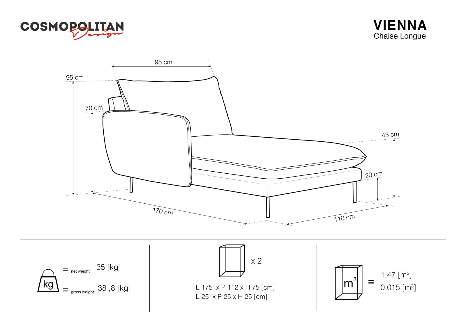 Elegantes Vienna Velour Sofa Chaise Lounge links 110cm von Cosmopolitan Design. Hochwertiger Veloursstoff und großzügige Sitzfläche für höchsten Komfort.