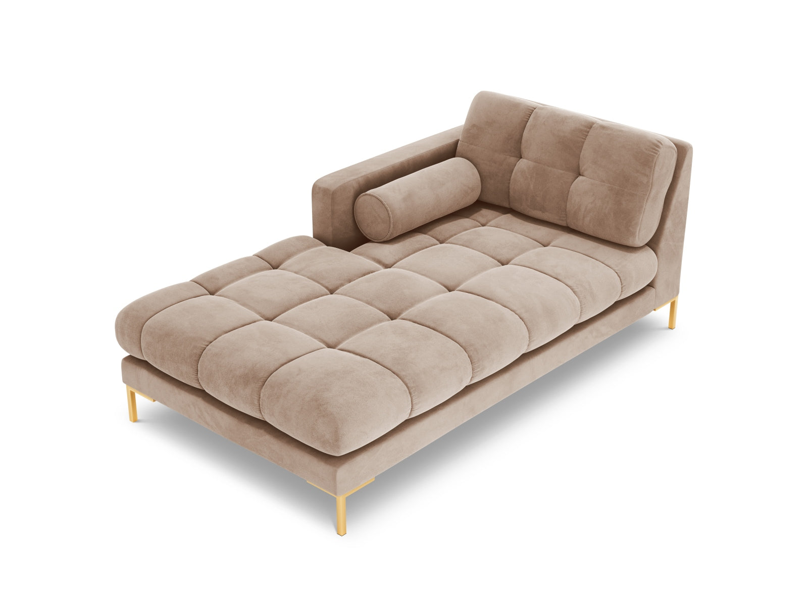 Stilvolle 1-Sitzer Chaise Longue links Bali in zartem Beige-Bluvel, perfekt für gemütliche Ecken und zeitgemäße Inneneinrichtungen.
