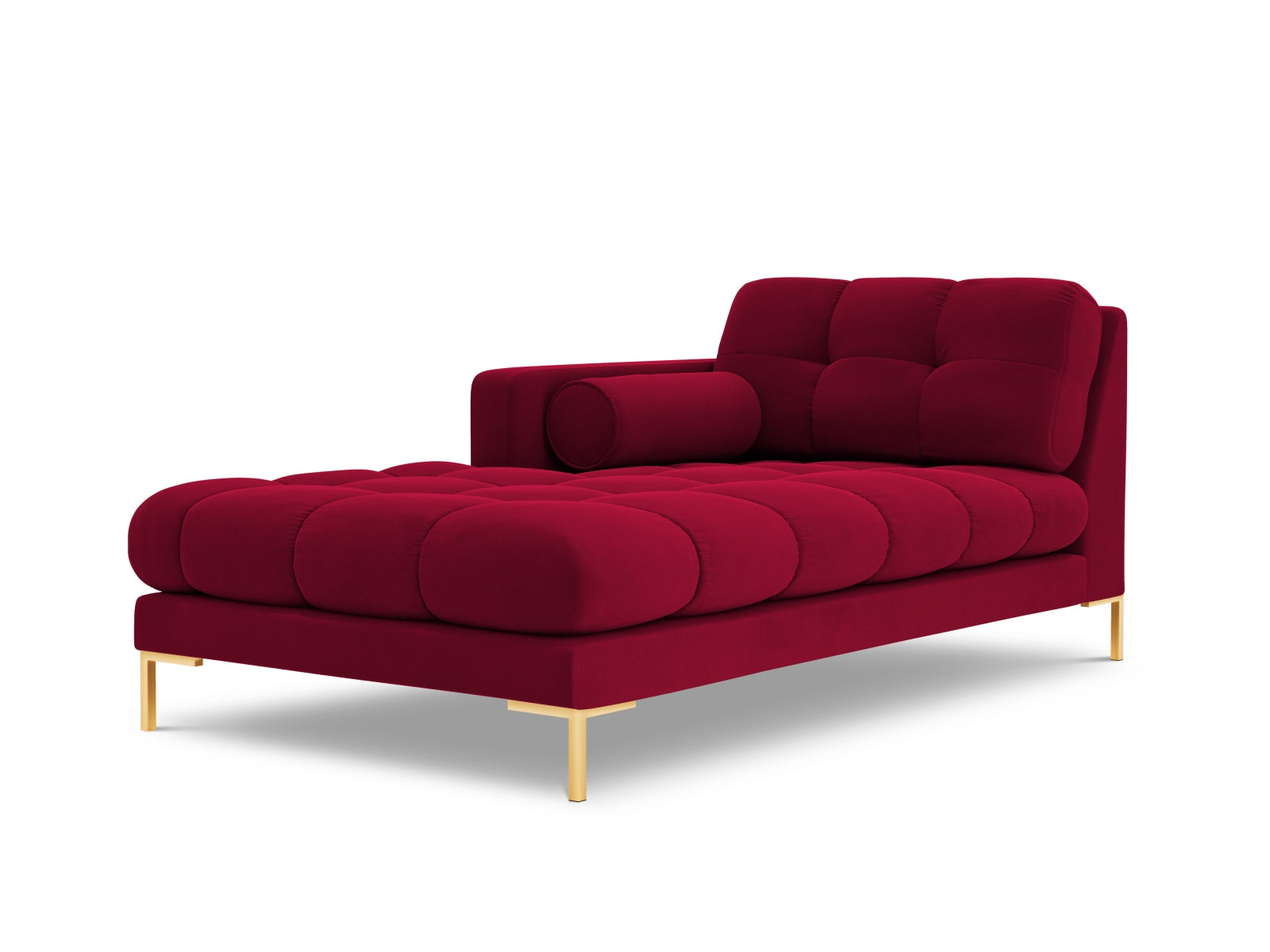 Elegante linke Chaise Longue Bali in Red-Bluvel, ideal für stilvolle Wohnräume und entspannende Rückzugsorte.