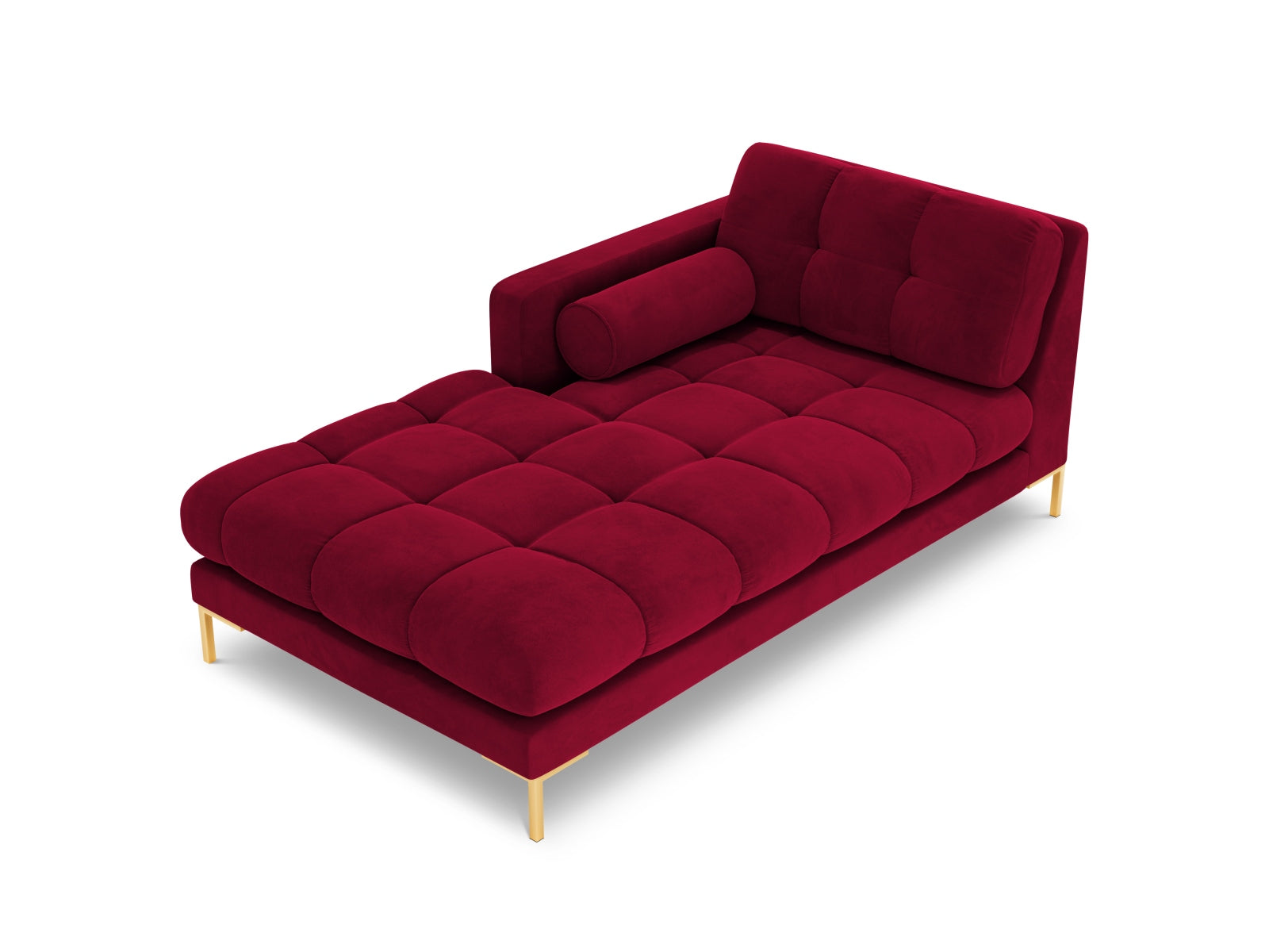 Moderne linke Chaise Longue Bali in Red-Bluvel, perfekt für gemütliche Leseecken und stilvolle Einrichtungskonzepte.