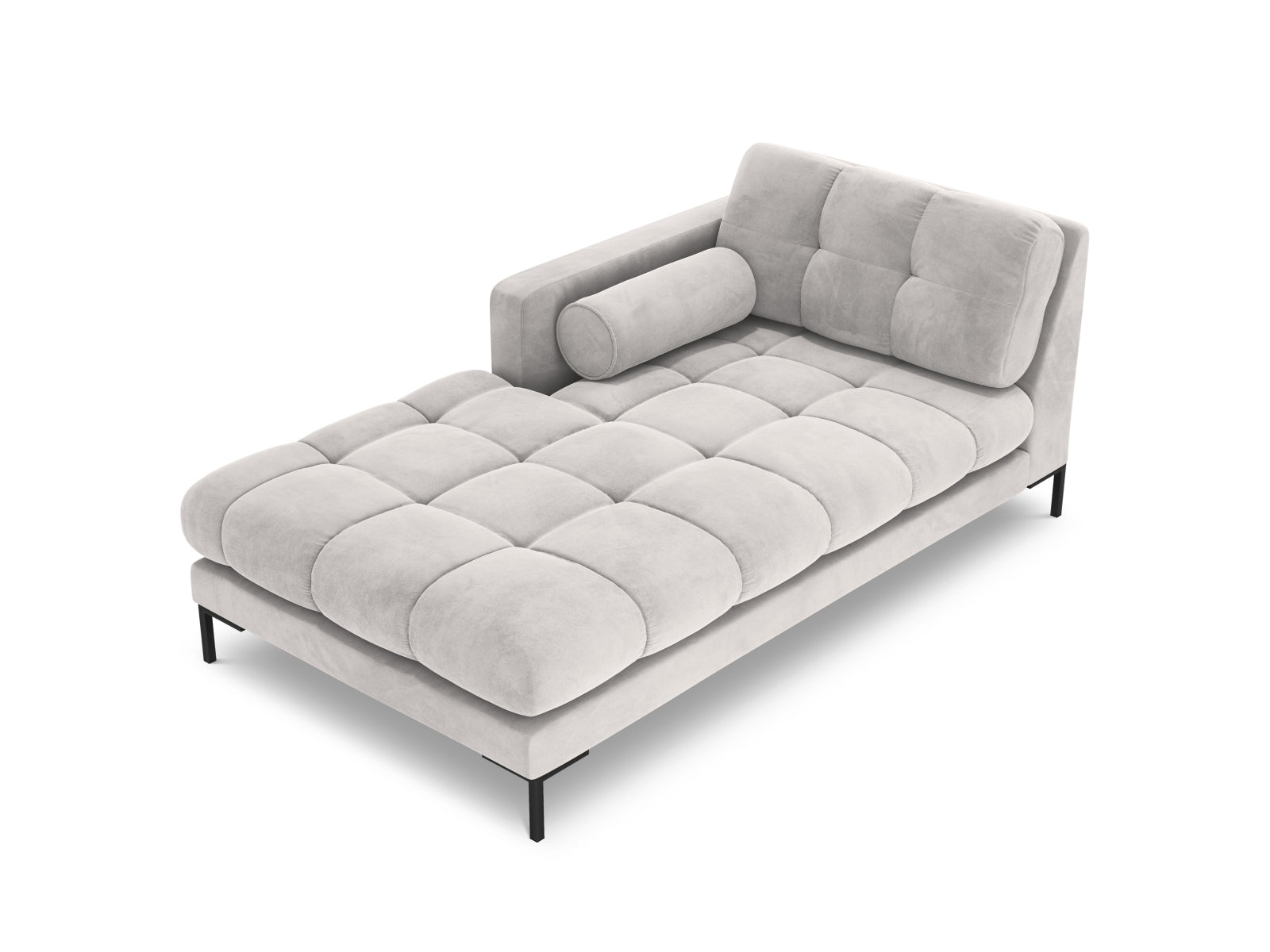 Elegante linke Chaise Longue Bali in Silver-Bluvel, ideal für stilvolle Wohnräume. Teil des modularen Sofas von Cosmopolitan Design.