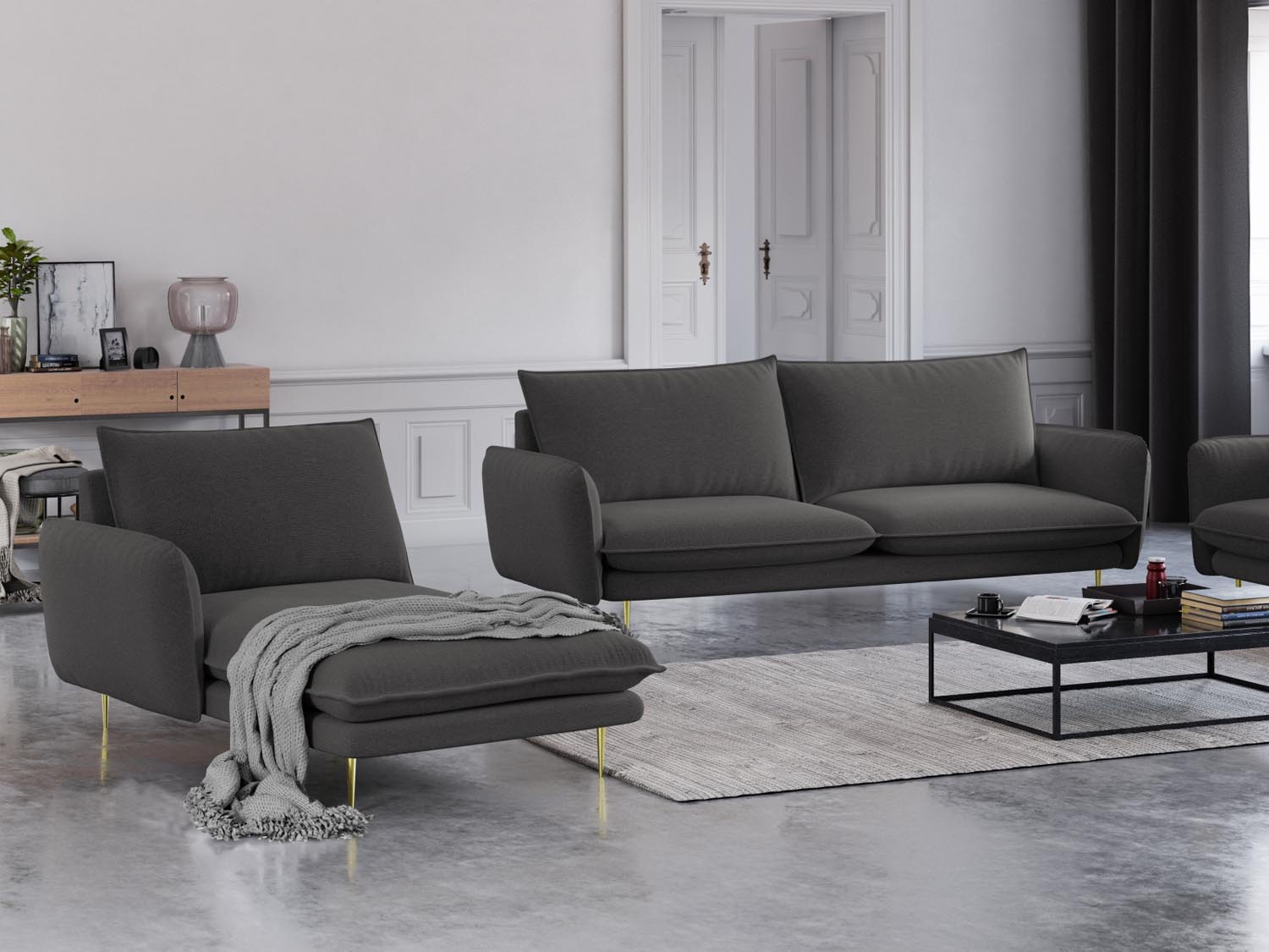 Elegantes Vienna Sofa Chaise Lounge links mit 1 Sitz, 110 cm in Dunkelgrau und Gold-Positano, ideal für stilvolle Wohnräume.