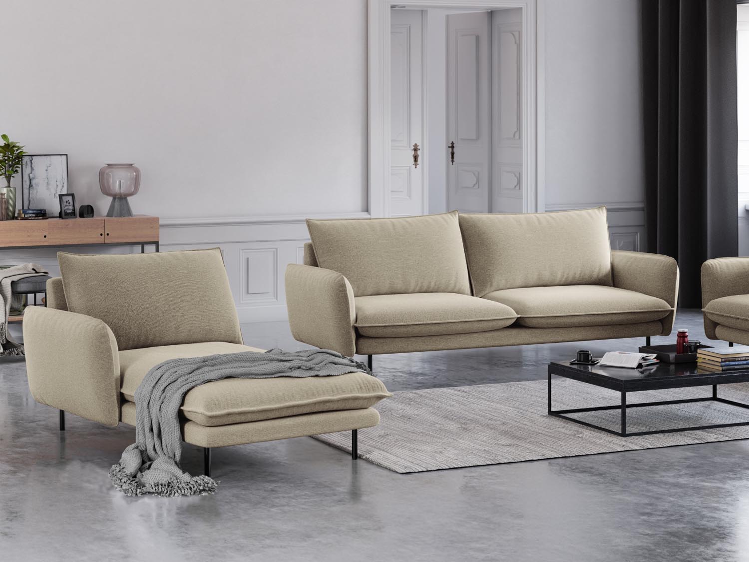 Elegantes Vienna Sofa Chaise Lounge links mit 1 Sitz, 110 cm, in stilvollem Beige und Schwarz, ideal für moderne Wohnräume.