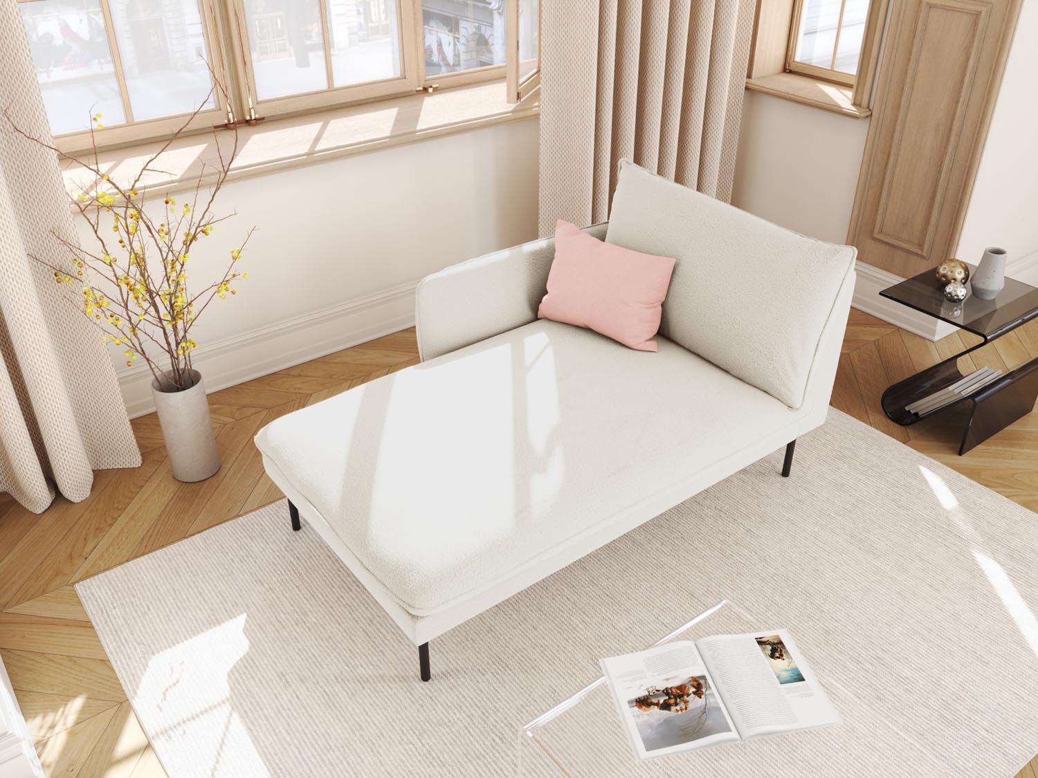 Elegantes Vienna Boucle Sofa Chaise Lounge links mit 1 Sitz, 110 cm, in stilvollem Beige und Schwarz, ideal für moderne Wohnräume.