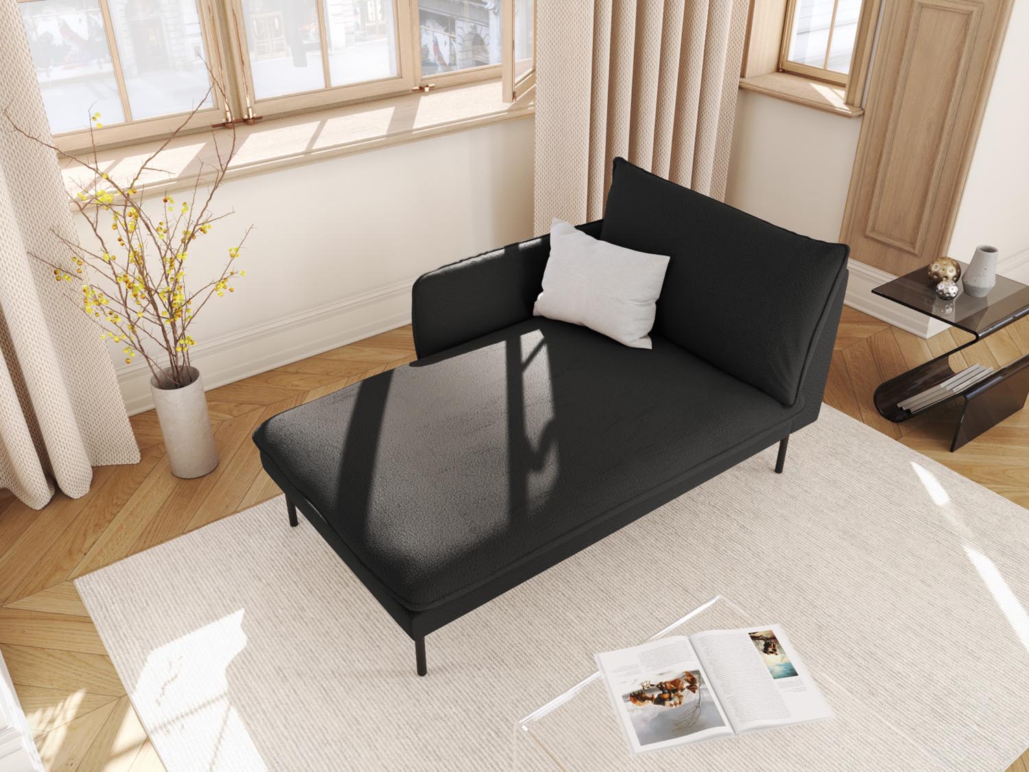 Elegantes Vienna Boucle Sofa Chaise Lounge links mit 1 Sitz und 110 cm in stilvollem Schwarz, ideal für moderne Wohnräume.