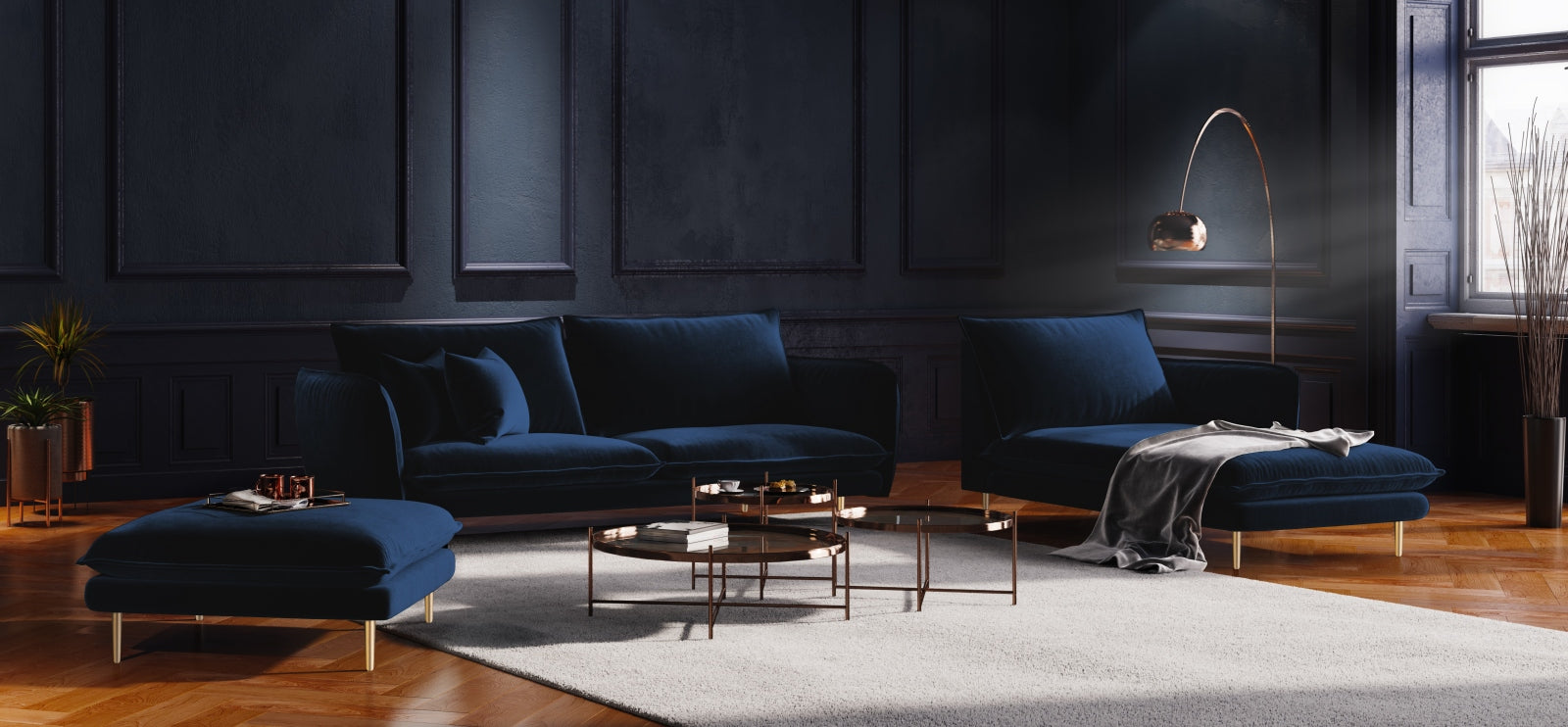 Elegantes Vienna Velour Sofa Chaise Lounge rechts 110cm von Cosmopolitan Design. Luxuriöses Velour, ideal für stilvolle Wohnräume.