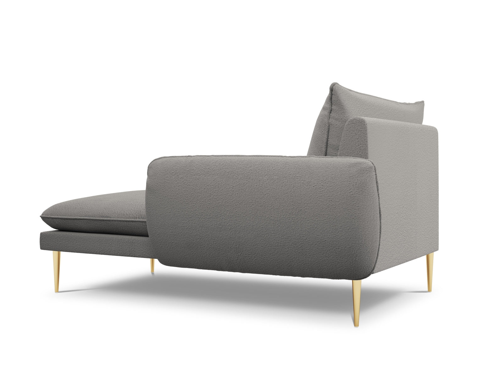 Elegantes graues Vienna Boucle Sofa Chaise Lounge mit goldenen Akzenten, ideal für stilvolle Wohnräume. Rechtsseitige Variante.