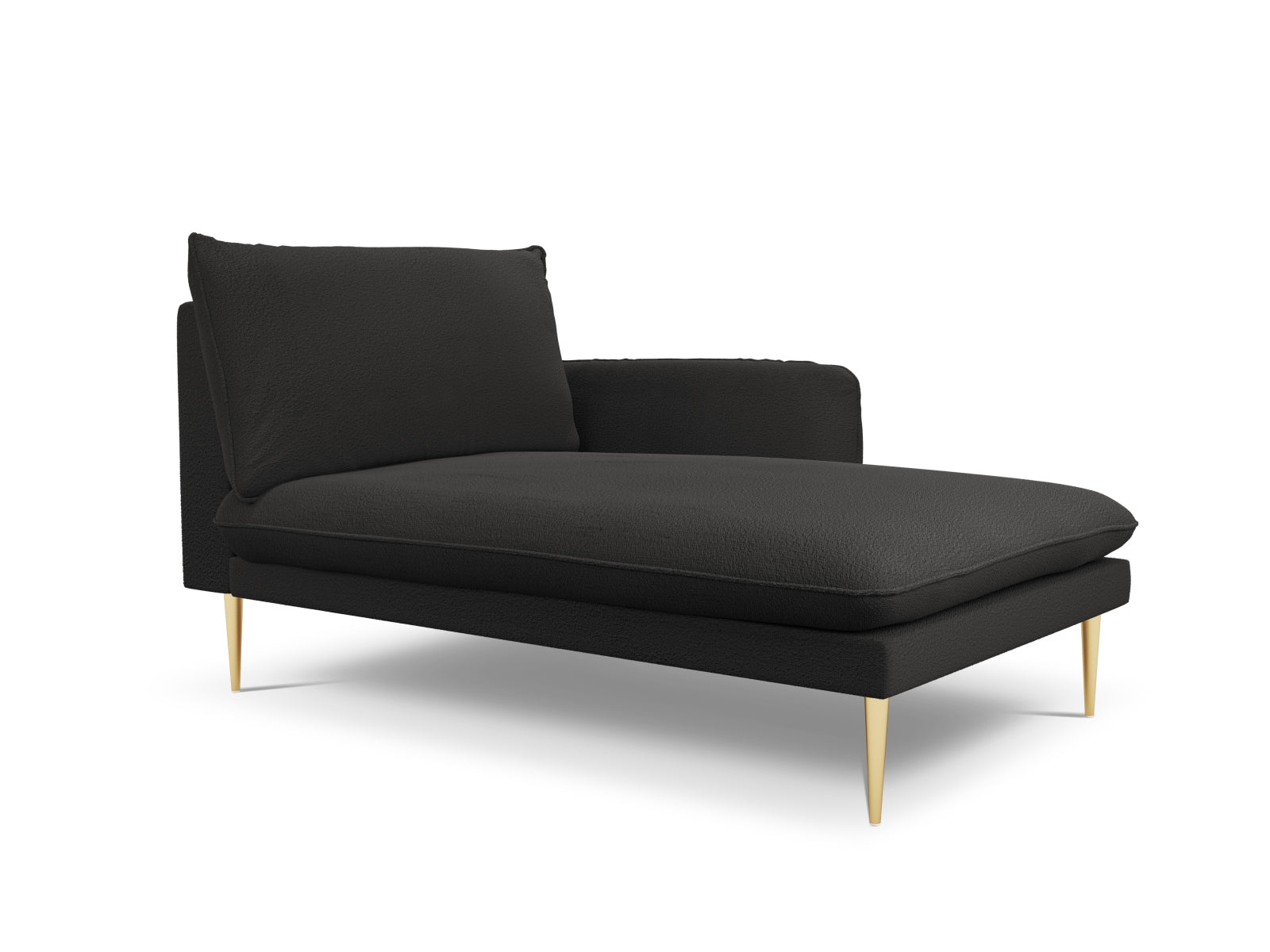 Schwarzes Vienna Boucle Sofa Chaise Lounge mit goldenen Details, 1 Sitz, 110 cm, perfekt für moderne und elegante Wohnräume.