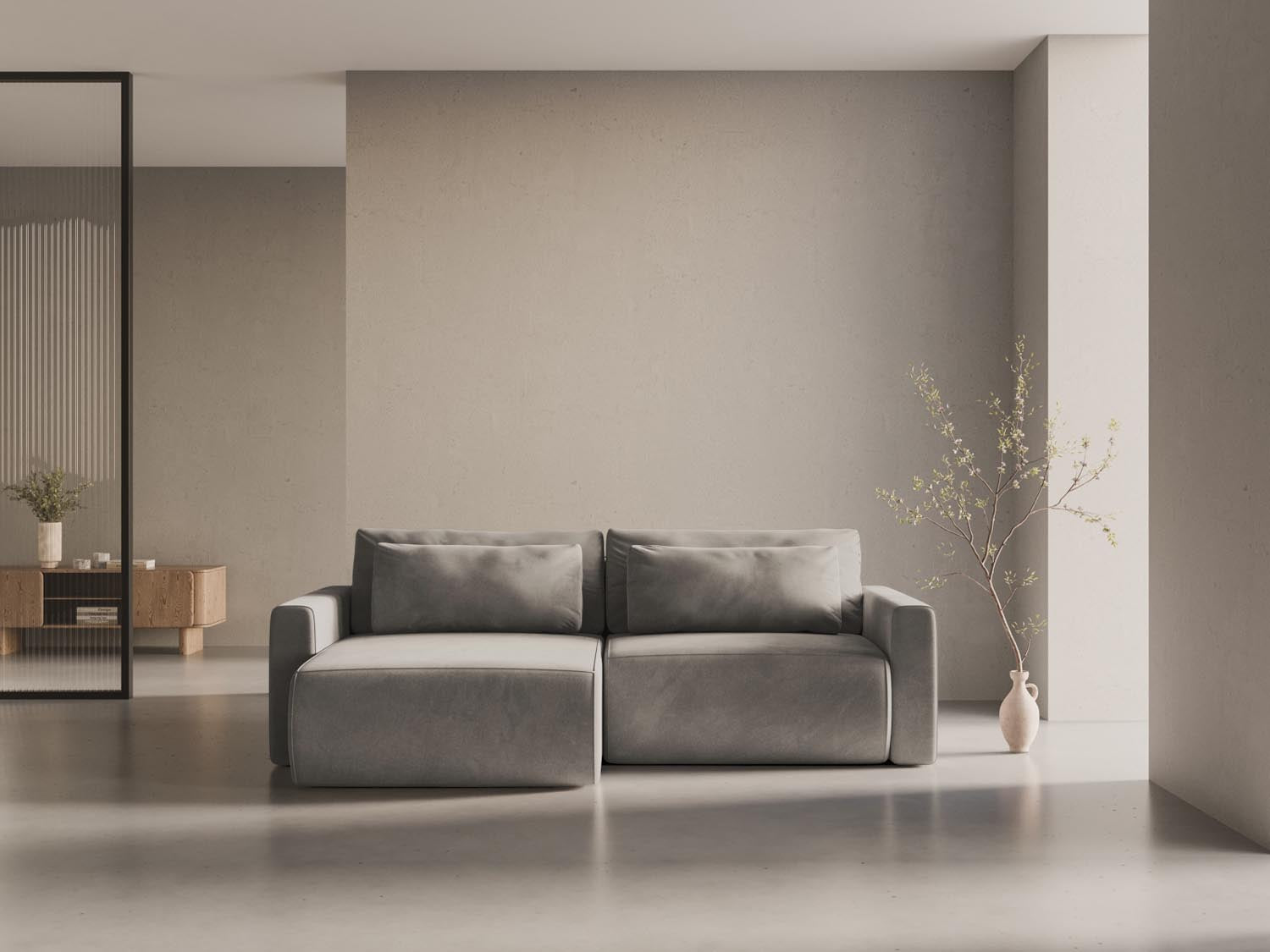 Modernes Belfast Ecksofa in Warm Grey-Magic Velvet, 3-Sitzer mit Schlaffunktion und Stauraum, ideal für stilvolle Wohnräume.
