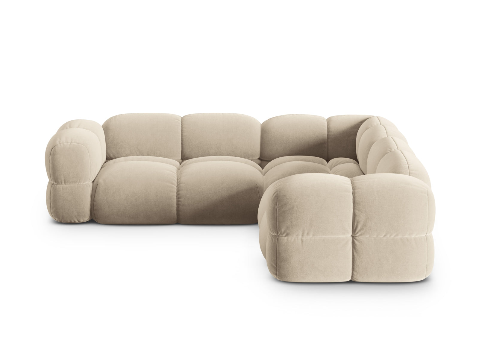 Gemütliches Loretto Velour Ecksofa in sanftem Beige, perfekt für entspannte Stunden und stilvolle Einrichtungsideen.