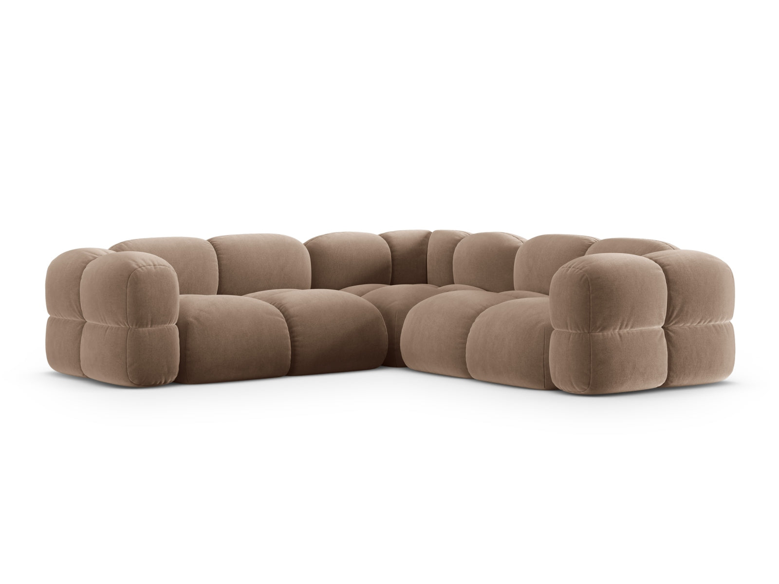 Elegantes Loretto Velour Ecksofa in sanftem Dunkelbeige, ideal für gemütliche Abende und geschmackvolle Wohnräume.