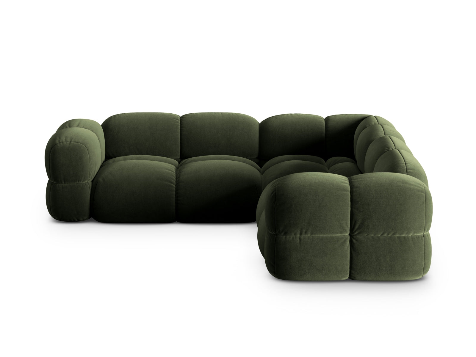 Modernes Loretto Velour Ecksofa in sattem Grün, 4-Sitzer, 250 cm, perfekt für gemütliche und stilvolle Wohnambiente von Cosmopolitan Design.