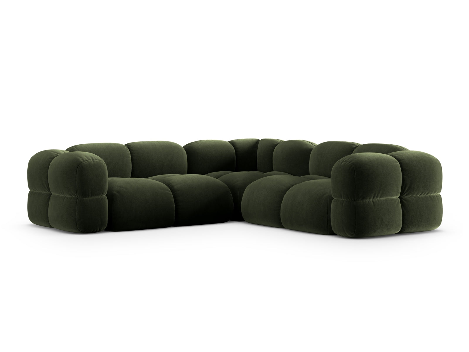 Elegantes Loretto Velour Ecksofa in tiefem Grün, großzügiger 4-Sitzer mit 250 cm, ideal für stilvolle Wohnräume von Cosmopolitan Design.