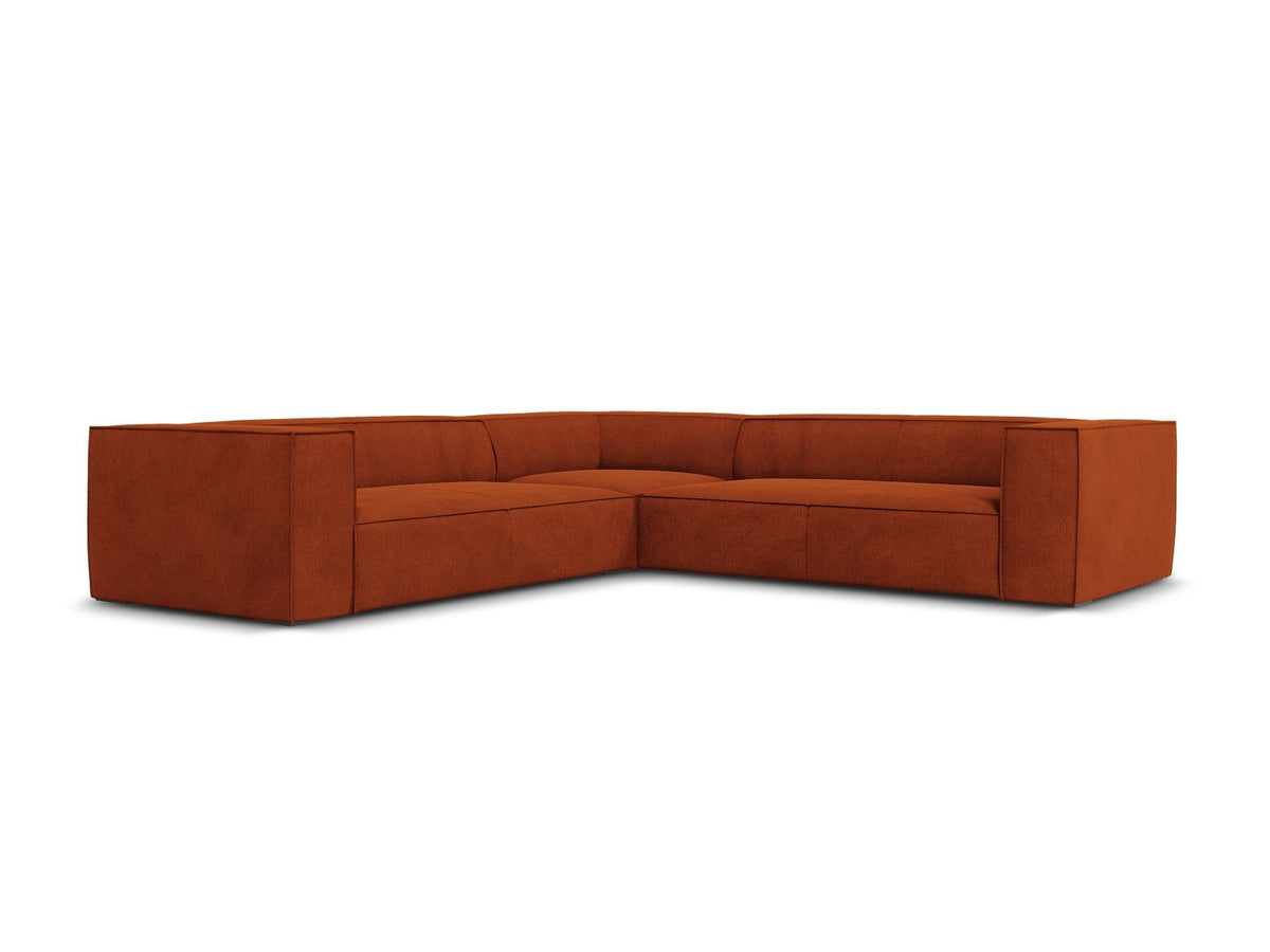 Symmetrisches Ecksofa Turin in Light Beige-Rosario mit Chenille-Bezug, Massivholzrahmen und Beinen aus schwarzem Buchenholz, 280 cm breit.