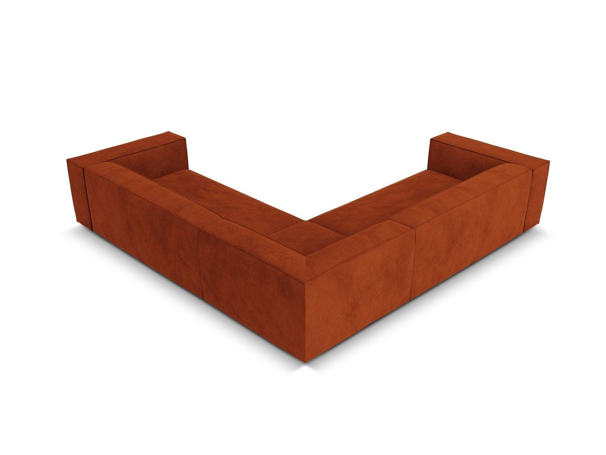 Symmetrisches Ecksofa Turin in Light Beige-Rosario mit Chenille-Bezug, Massivholzrahmen und Beinen aus schwarzem Buchenholz, 280 cm breit.